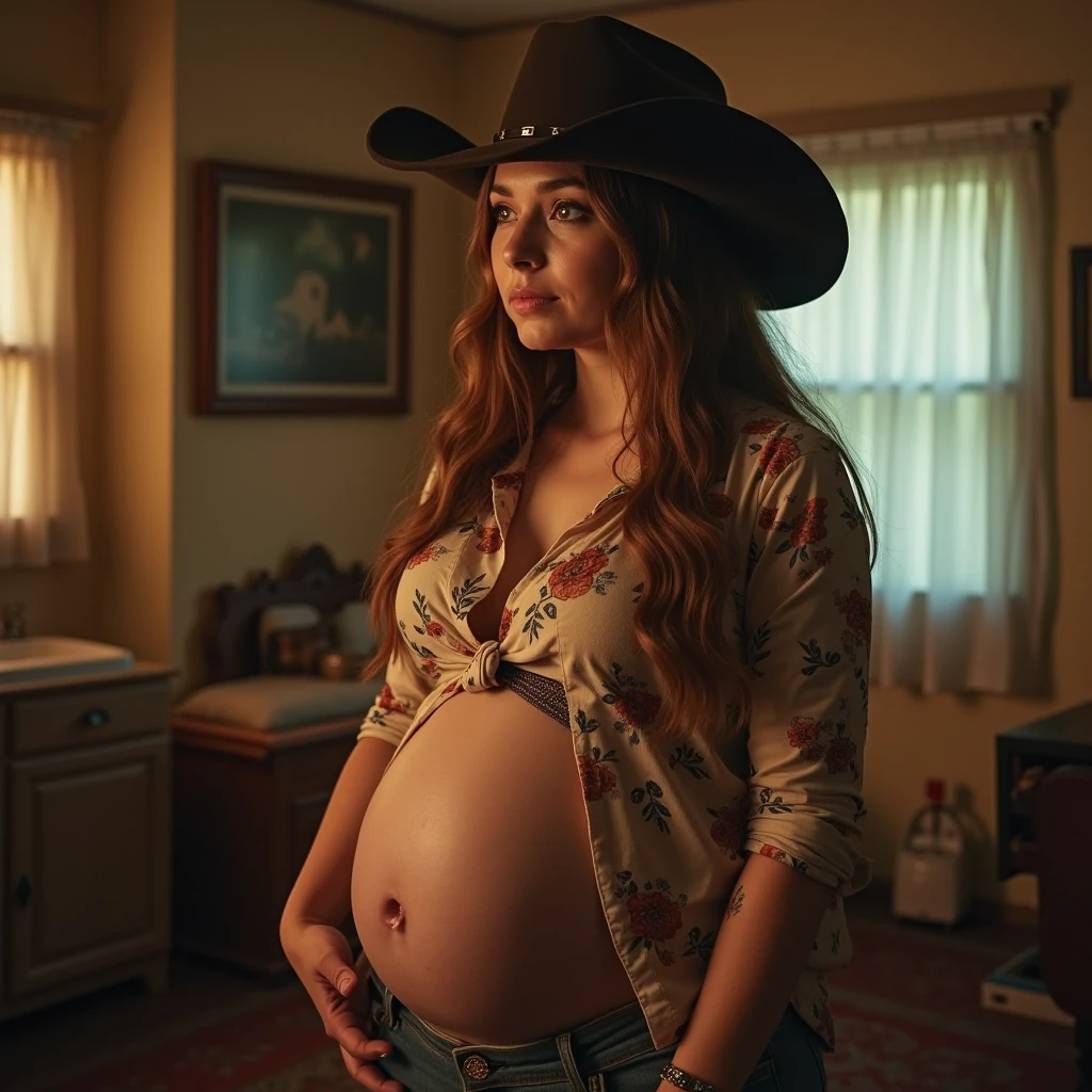 Plump pregnant brunette , thick hips, huge fat juicy butt, huge pregnant belly, wearing tight jeans a fright flannel shirt and cowgirl hat, biting bottom lip, light makeup bent over, backside view