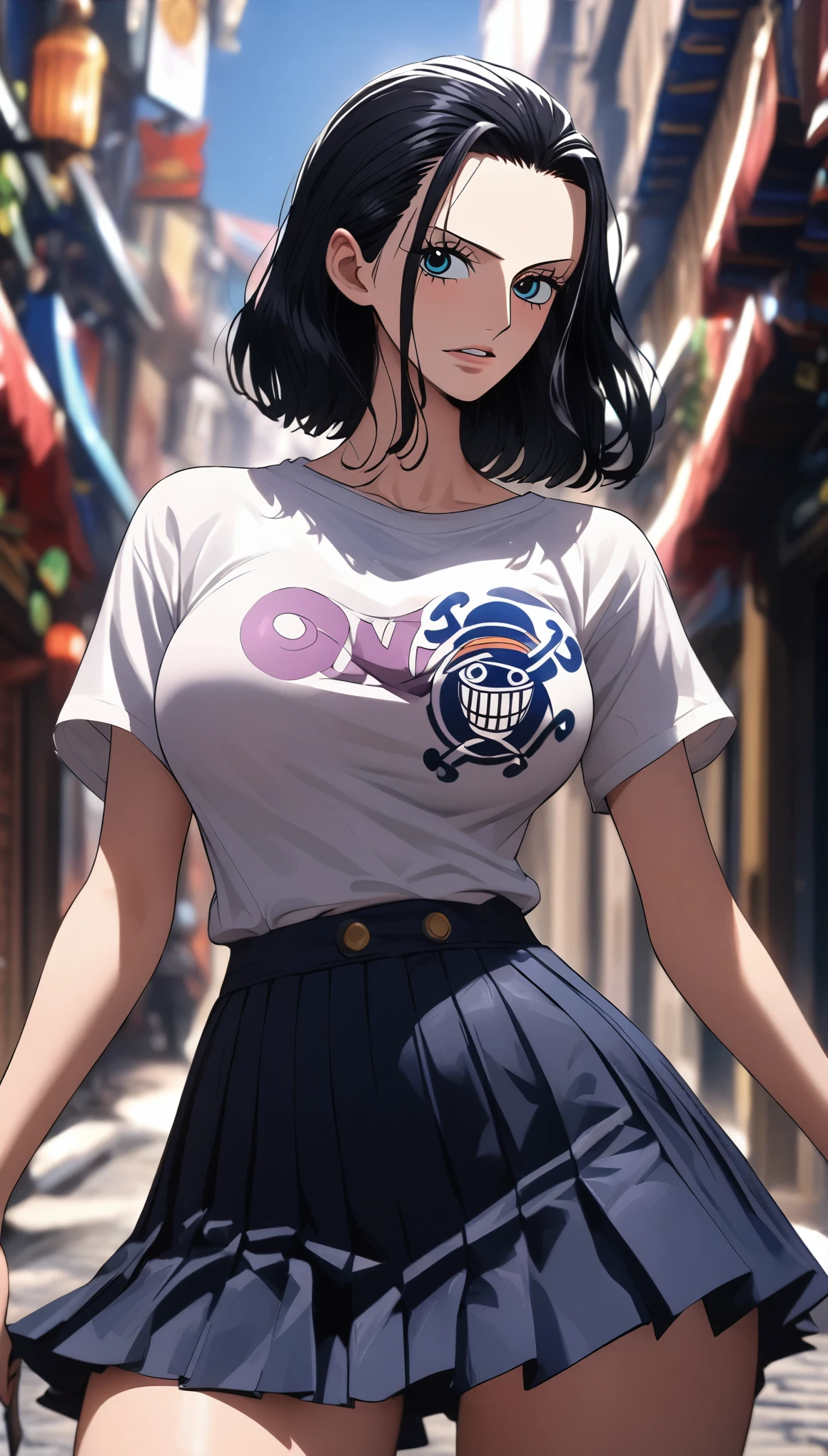 masterpiece, best quality, intricate details, 1 girl, woman, black hair, nico robin \ (one piece\), (bob cut), t-shirt, pleated skirt, female focus, large breast, looking at viewer, ((side view)) ((close up shot)) ((solo)) ((hair slicked back)) detailed, very high resolution, no blurry image, cowboy shot, blue eyes, straight hair, ((nico robin from one piece)) ((female nico robin from one piece)), outdoors, street, night