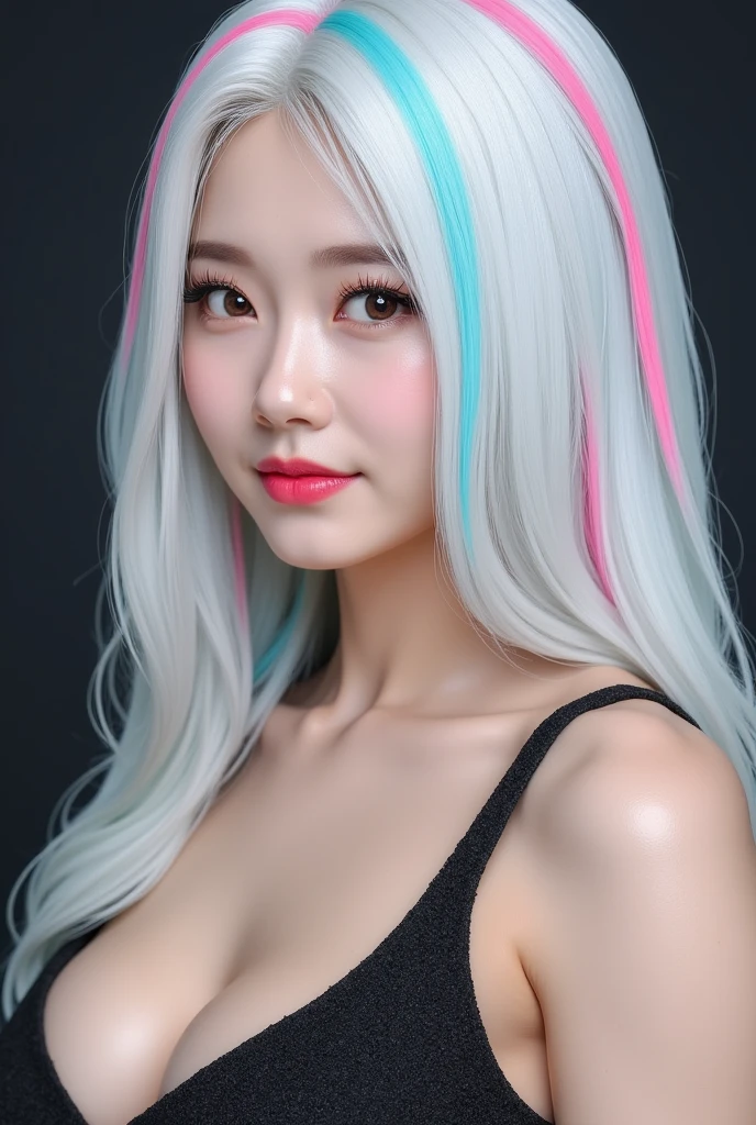 Korean woman (masterpiece, pretty people, corrupt smile), virtual YouTube, detailed skin texture, white hair with colorful stripes, sensational and expressive eyes, very beautiful and voluptuous,