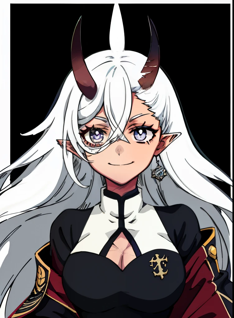 asaricurrry, anime style, anime coloring, indonesian high school dress, 1girl, looking forward, smile, closed mouth, white skin, colored skin, beauty pretty girl, purple eyes, pointy ears, hair between eyes, white hair, bangs, long hair, scar on face, scar on cheek, cleavage cutout, 