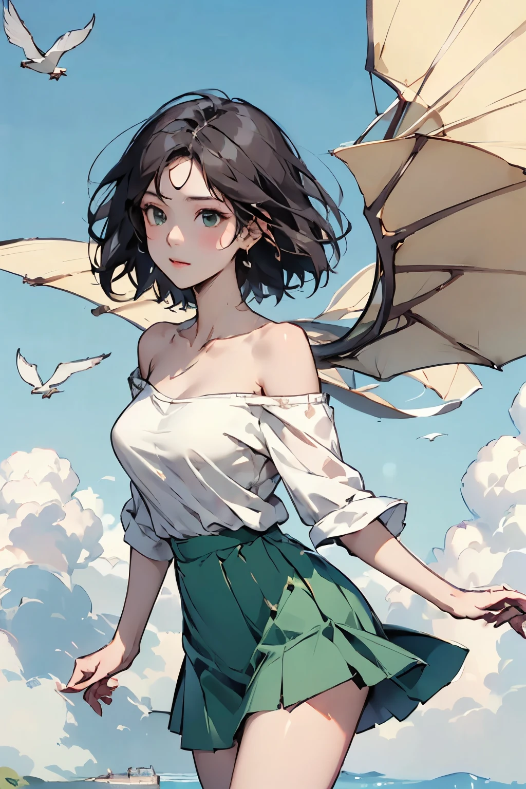 (( best quality)), ((masterpiece)), (detailed),   beautiful girl with high breasts , 鳥型グライダーでflying、Almond Eye,  Ride the Wings  {x}  Green Off Shoulder Shirt  ,Green Skirt,  To a New World  、Have a Dream ,    The Other Side of the Dark   、  In Search of Light  ,  Flying  、flying, adventure travel、 Start Now  , **Into the unknown,   We Fly So High  **,  
**   Chase Your Dreams Under the Sky *