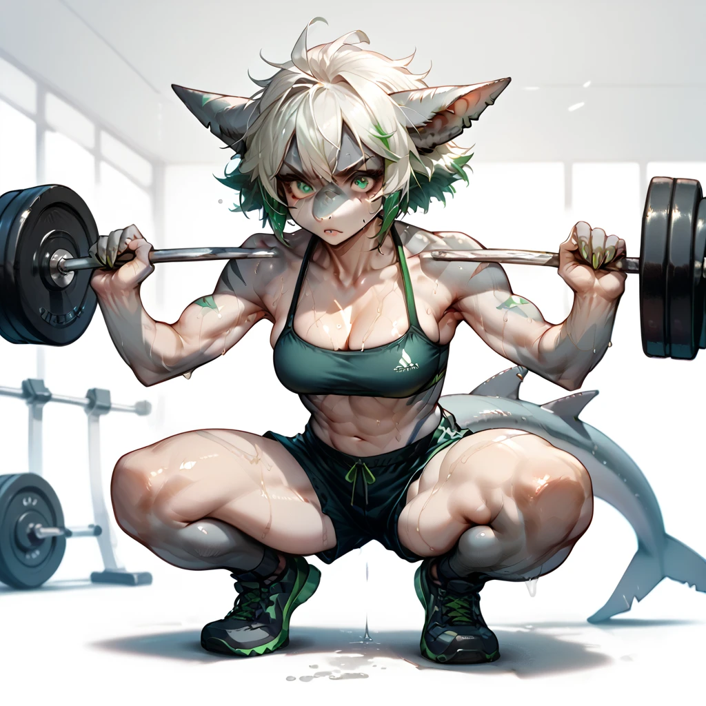 Score_9, score_8, score_7, source_anime, Anthro, jade, Anthro shark, grey skin, Slender body, white hair with green ends, green eyes, wearing a black bandeau and a shorts, squat pose, gym,Barbell,GYM WEIGHTS, exercises for lifting barbells, SWEAT,SWEATING DROPPING, front view, DEEP OF FIELD,(HUGE weightlifting:1.1) ,(HUGE GYM WEIGHTS:1.1),ARMPITS,TREMBLING,