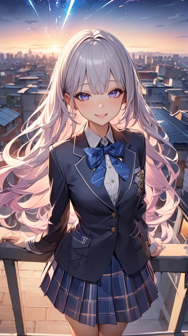 (masterpiece:1.3), (8K、best quality:1.4), (Highest image quality, intricate details, high resolution, depth field, Natural light, professional lighting), (top-quality, hight resolution), (1 girl:1.3), (solo:1.3), (Symmetrical perfect face), (15 year old beautiful silver-haired Scandinavian girl, Very beautiful and attractive woman, beautiful silver hair、intense blue eyes, strong eye highlights), lip gloss, (cute:1.2), (natural breasts), (Natural buttocks), (healthy beautiful body:1.3), (high detail skin: 1.2), (perfect anatomy), smile, ((red ribbon tie, high , dark blue long sleeve jacket、white shirt、navy blue flared skirt))、((正面ややfrom below見上げるカメラアングル))、(skirt lift)、(grab the skirt、accurate hands、five fingers)、((The wind flips my skirt and reveals my pants.))、((skirt lift、detailed panties、beautiful thighs))、cute下着、((detailed panties))、from below、((from the front))、Angle from feet、Angle from below、soft backlight、soft light、柔らかなNatural light、Spring daytime cityscape、