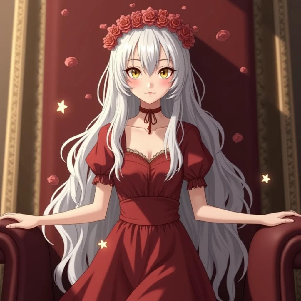 Best Picture Quality，femele，White hair and red eyes，S-shaped body，Sit on a stool and spread your legs，Realistic painting style ，The whole body is naked，frontage，D-cups