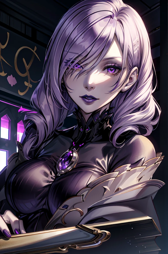 (extremely detailed CG unity 4k wallpaper),(masterpiece),(best quality),(ultra-detailed),(best illustration),(best shadow),(absurdres),HGDaniella, goth, eye liner, purple lipstick, silver eyes, pale white skin, gothic maid dress, purple hair, timid faint smile, close up,