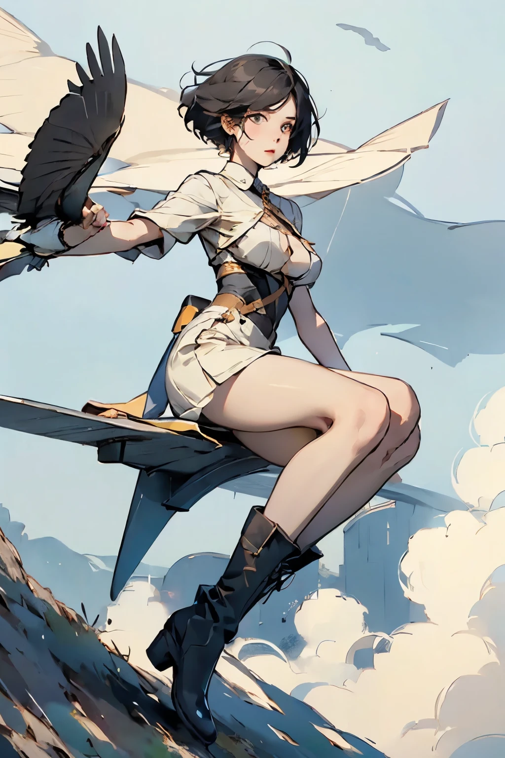 beautiful girl with high breasts、Let's fly in the sky with a bird-shaped glider、Alone、 short cut hair、goggles、boots、Best Quality、 High Resolution 、masterpiece、wallpaper、8k、