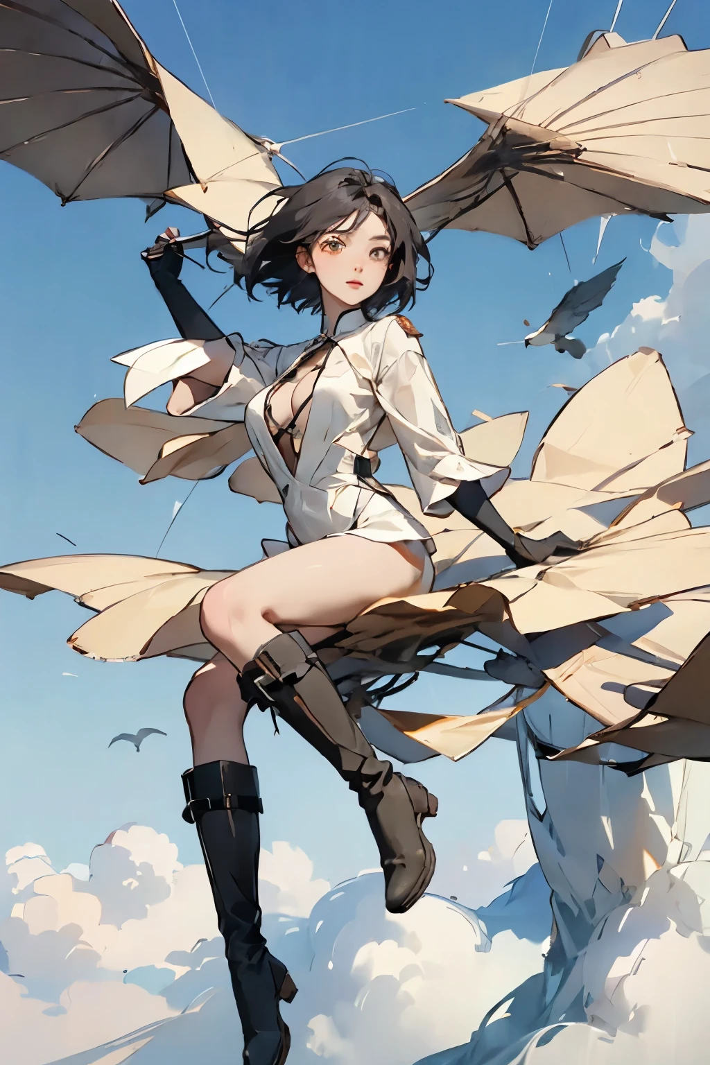 Masterpiece, best quality, night, hills, clouds, full moon, long hair, woman, silhouette, firefly, ball head, cute, funny, pig, duck, suspender, streamer, black hair, black cloth shoes, moon, landscape, hd