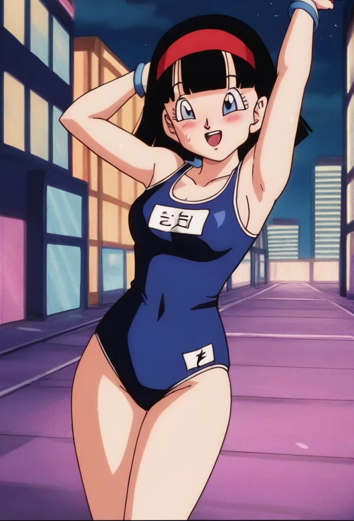 source_anime, score_9, score_8_up, score_7_up, anime screencap,
videl, dragon ball super, 1girl, solo, looking at viewer, blush, smile, short hair, bob cut,  blue eyes, city, black hair, cityscape, arms up, School Swimsuit, spiked hair, ;\), teeth, night sky, eyelashes, collarbone, Panties, sweatdrop, sweat, excited
