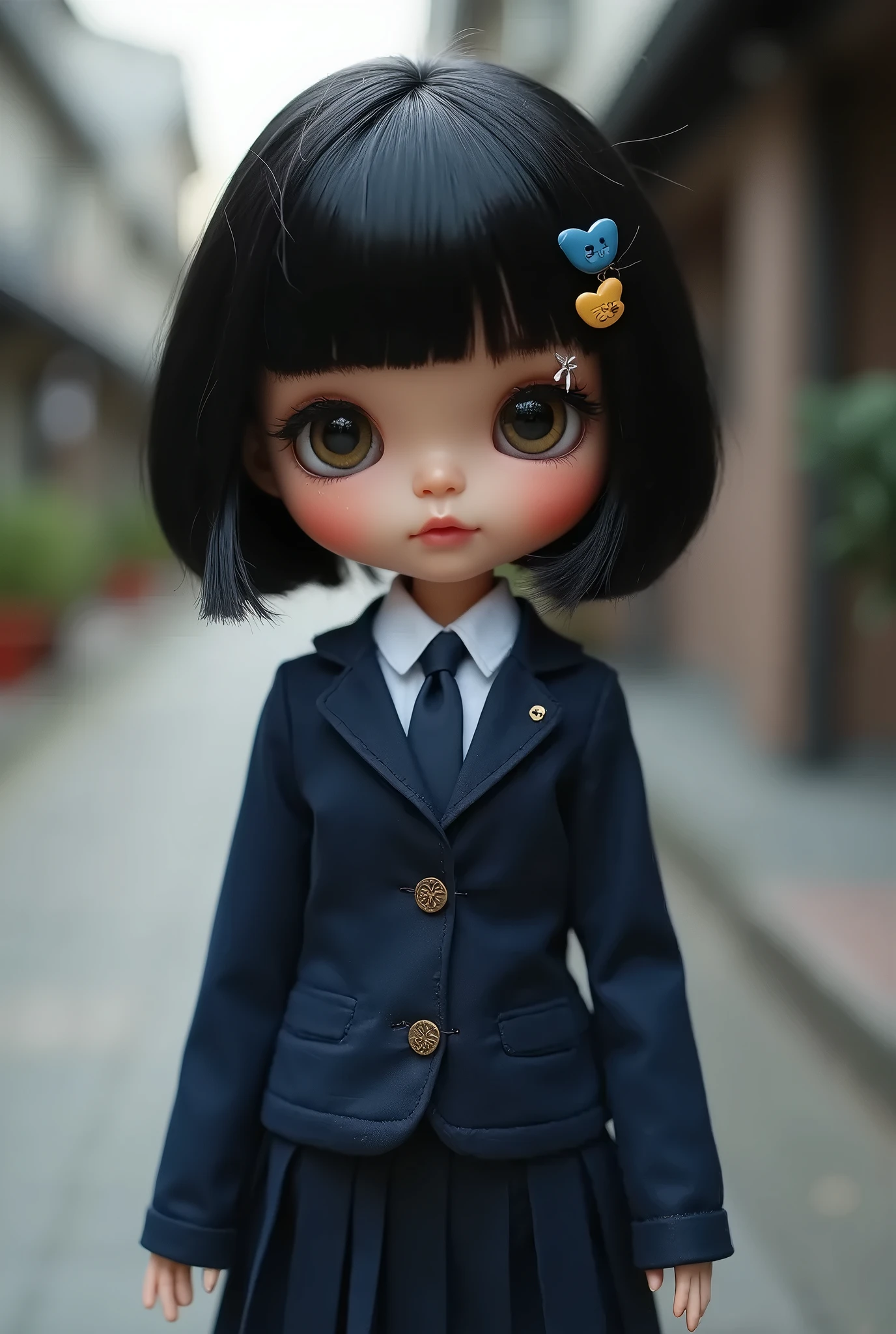 please doit a blythe doll with purple and black hair, a black jacket, white shirt with tie and jeans black with stars black