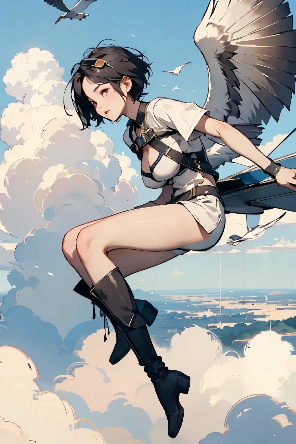 beautiful girl with high breasts、Fly through the sky piloting a bird-shaped glider、Alone、 short cut hair、(goggles)、boots、Best Quality、 High Resolution 、masterpiece、wallpaper、8k、