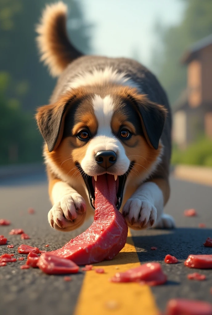 a dramatic scene, (((hyperrealisti))), view from inside the carcass of a dead animal, focusing on one (((Rottweiler))), (((RABID))), (((Rottweiler RABID de rua se alimentando))). The image is framed by the skin of the carcass, stained with blood, as the Rottweiler tears the flesh with its sharp teeth. The landscape in the background is of a big city at night., creating a contrast between the urban environment and the wild act. A tensão do momento é capturada nos detalhes hyperrealistis do Rottweiler e na iluminação da rua, adding an intense and dark mood to the scene.