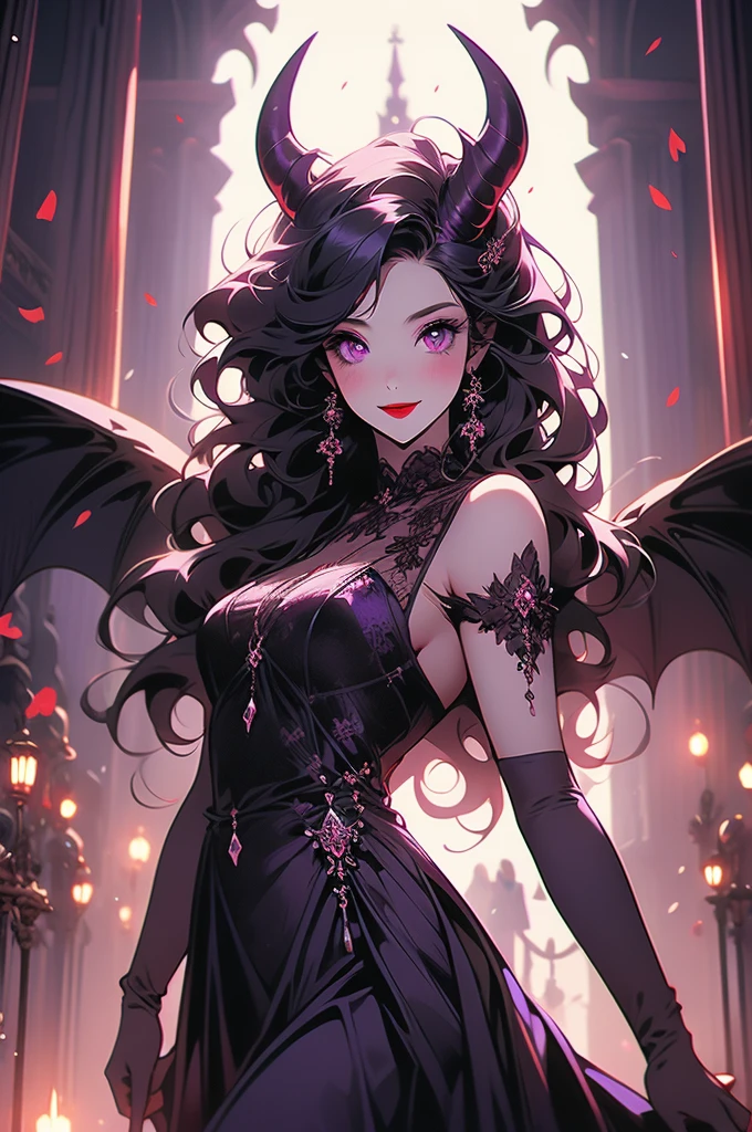 Sun kissed Skin Succubus girl, blue eyes, dark brown hair, white horns, Pink and black clothing