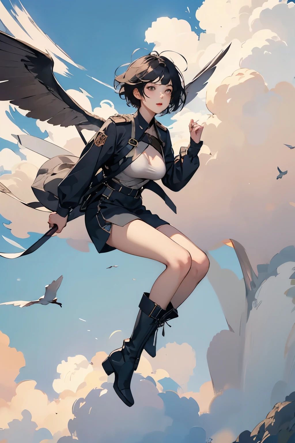 beautiful girl with high breasts、Fly through the sky piloting a bird-shaped glider、Alone、 short cut hair、(goggles)、boots、Best Quality、 High Resolution 、masterpiece、wallpaper、8k、