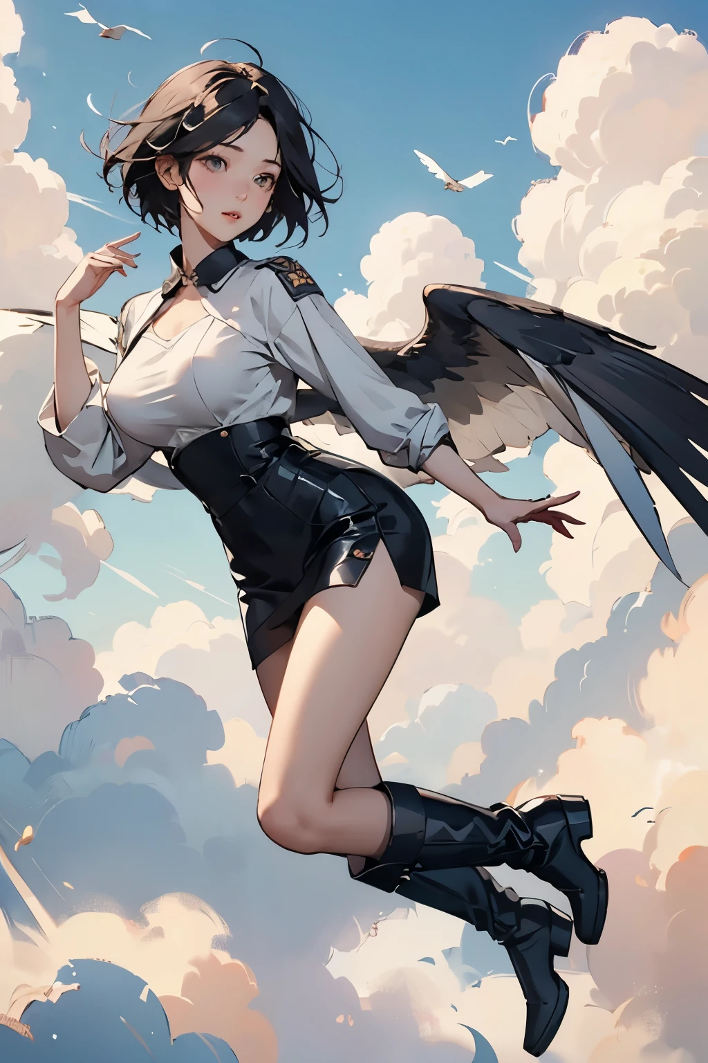  beautiful girl with high breasts、Fly through the sky piloting a bird-shaped glider、Alone、 short cut hair、(goggles)、boots、Best Quality、  High Resolution  、masterpiece、wallpaper、8k、