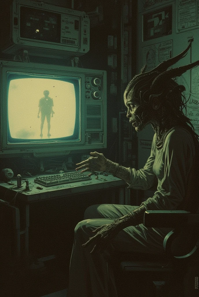 Space, TV on, sepia, grainy, eerie environment. Creepypasta is a scary entity in the form of the Queen (uterus) of Aliens in the style of Elson Peter, Diego Dyer, Peter Mohrbacher, Karol Bak. (1 full-length frame. 32k hyper HD), masterpiece, best quality, ultra-detailed (solo, 1 entity girl), imbued with essence.
