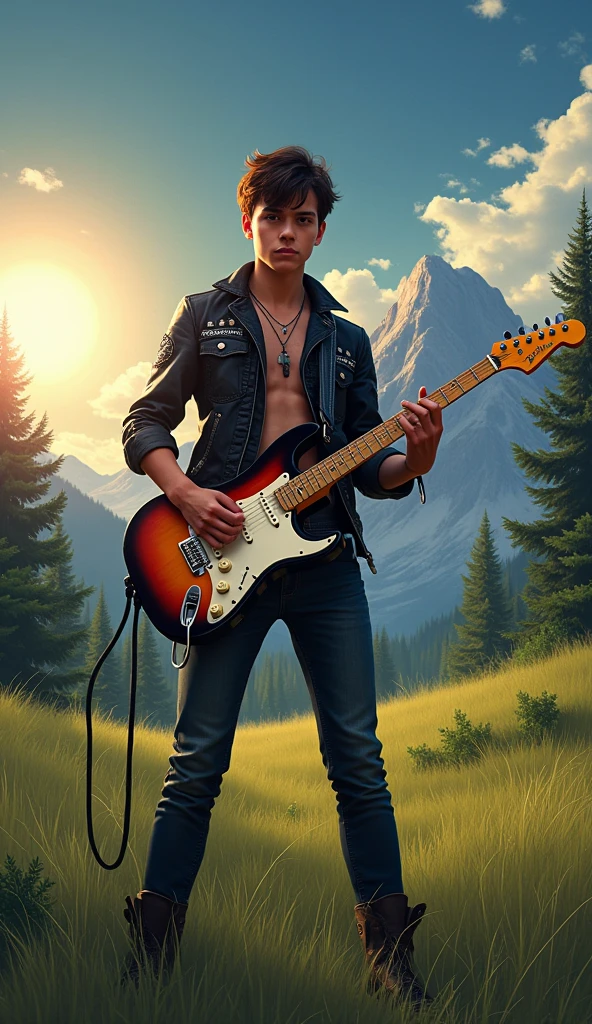Painting of a man with a bass standing on a ledge, arte conceitual da guitarra, guitarrista, Arte no estilo de Guweiz, Rob Rey e Kentaro Miura Estilo, carregando um bass, arte de fundo, O guitarrista, fanart oficial, estilo pintura digital, solo de bass, baixo detalhamento. pintura digital, he is a rockstar, playing the guitar, holding a guitar --auto