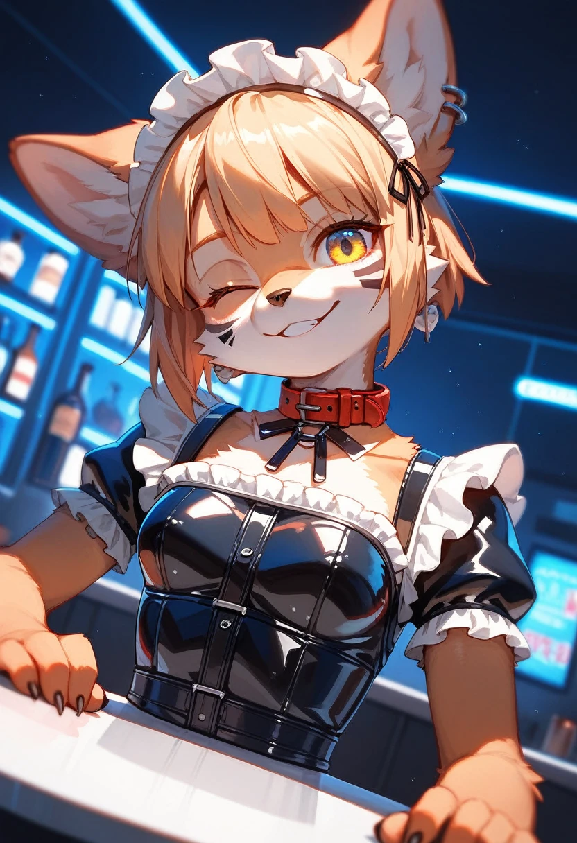 Highest quality, Highest quality, High quality illustrations, masterpiece, Ultra-high resolution, Detailed Background, maid Cafe, Absurd, Perfect Anatomy, performance, Good lighting, Shadows in the movies(kemono, Furry Personifi猫ion), Rubber suit, Rubber suit, latex, neon, neonライト, neonカラー, Purple Rubber Maid Outfit, ribbon, Rubber mask