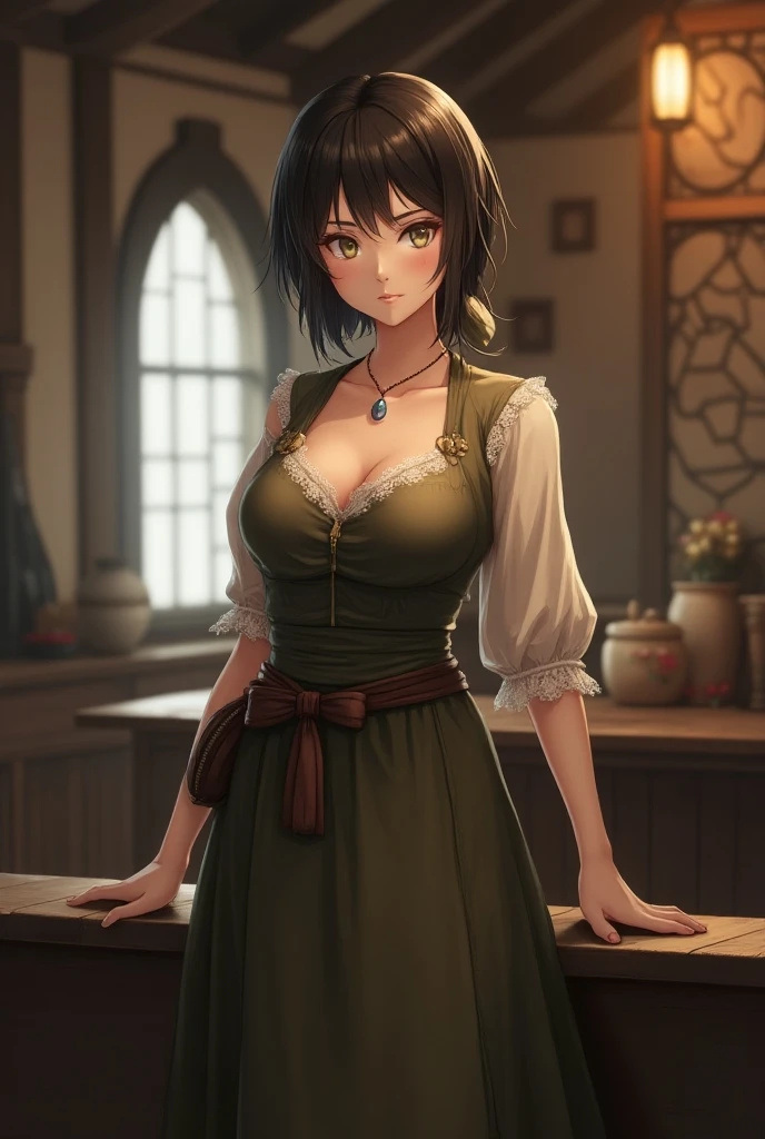 One girl, dark_skin, light-blue_eyes, curly_hair, curly_bangs_ black_hair, pecas, thick_lips, small_breasts, green_buttoned_wool_open_jacket, NSFW