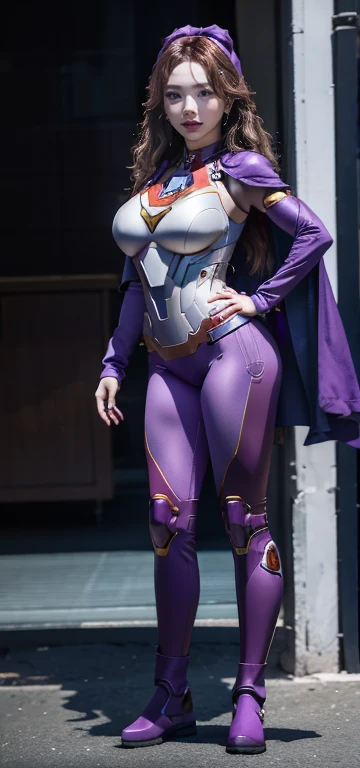 Accurate. Full Body Photo. Studio Background. 8k HD good quality image. Nayeon has an ideal body, big breast, big butt, sexy wavy body, straight long hair, wearing a Purple Iron Man armor without the helmet. Purple Yoga tight Pants. Purple Iron Man boots. Purple cape. FULL BODY FROM HEAD TO TOE. Standing in a FULL HEIGHT FROM HEAD TO TOE. The picture must show a complete head to toe picture of Nayeon