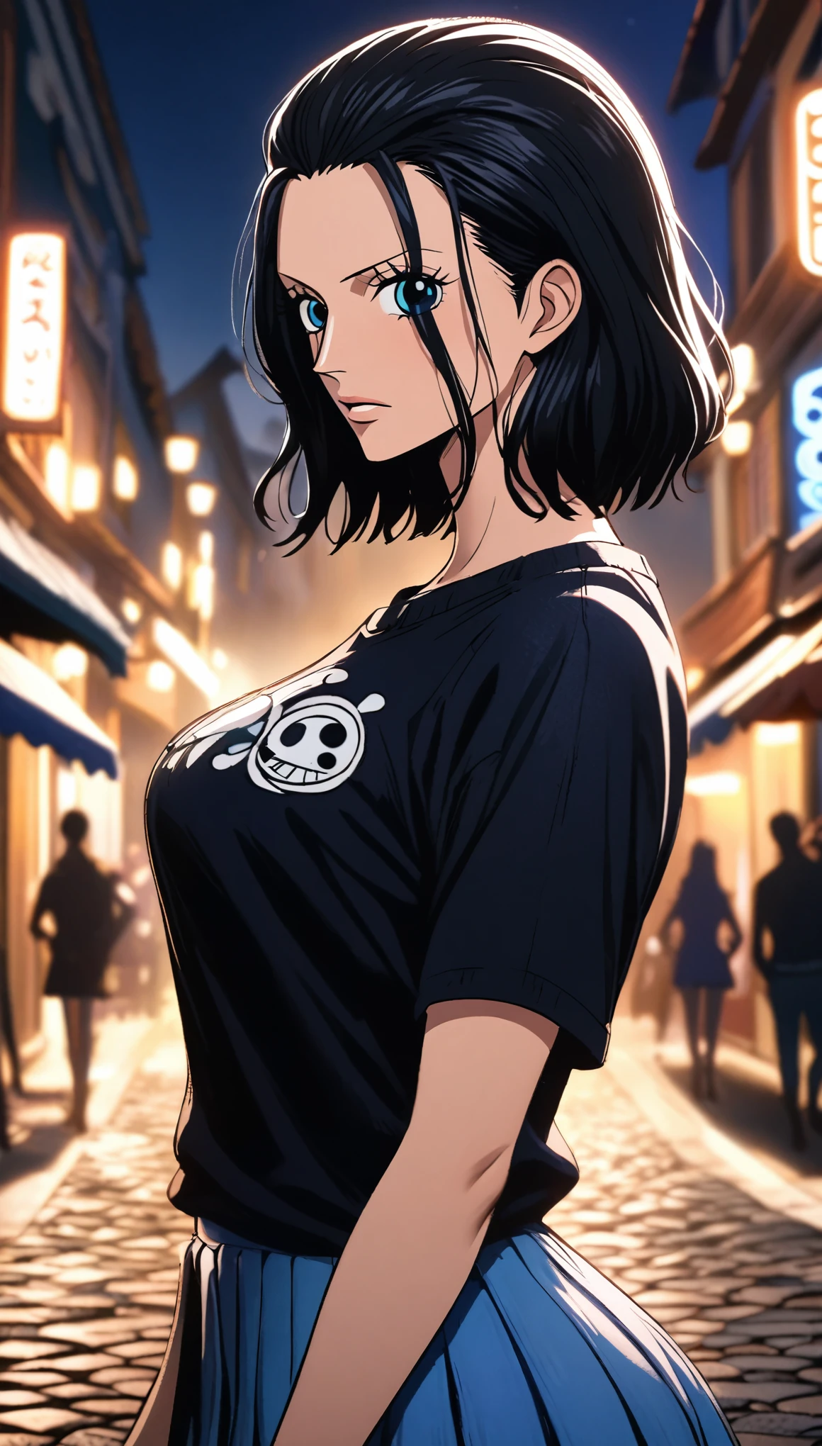 masterpiece, best quality, intricate details, 1 girl, woman, black hair, nico robin \ (one piece\), (bob cut), t-shirt, pleated skirt, female focus, looking at viewer, ((side view)) ((close up shot)) ((solo)) ((hair slicked back)) detailed, very high resolution, no blurry image, cowboy shot, blue eyes, straight hair, ((nico robin from one piece)) ((female nico robin from one piece)), outdoors, street, night