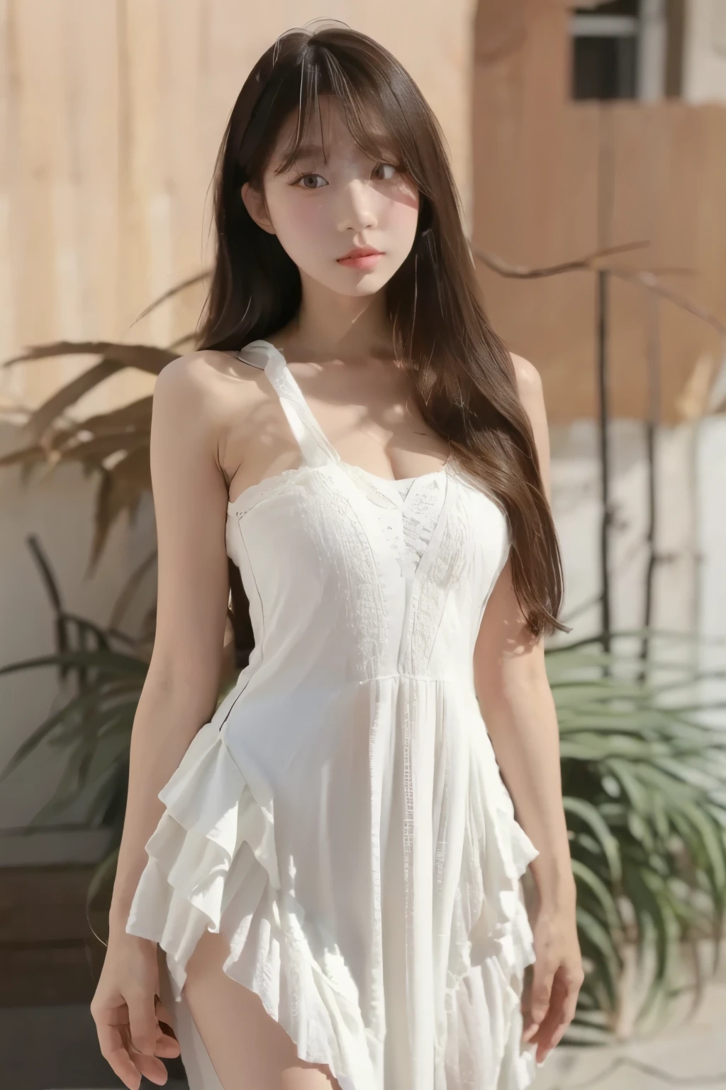 Beautiful woman with perfect body：1.4，Layered Hairstyle， Highly Detailed Facial and Skin Textures，Double eyelids，Skin Whitening，Long hair，Whitening long legs，****ta dress 2，Standing on the street