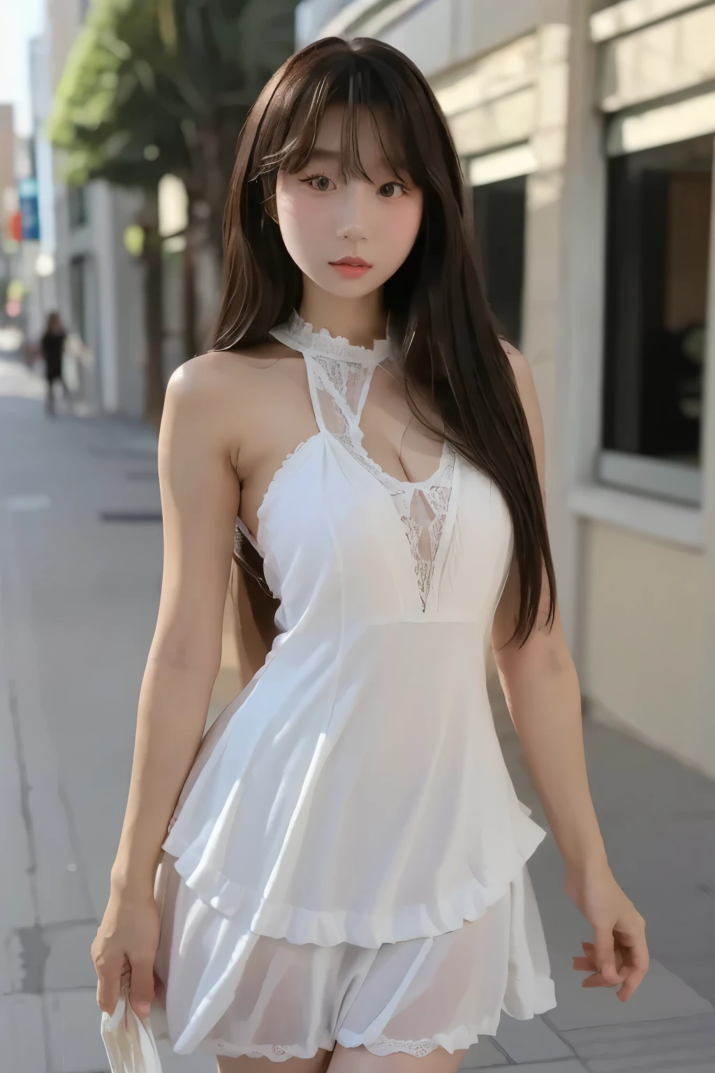 Beautiful woman with perfect body：1.4，Layered Hairstyle， Highly Detailed Facial and Skin Textures，Double eyelids，Skin Whitening，Long hair，Whitening long legs，****ta dress 2，Standing on the street