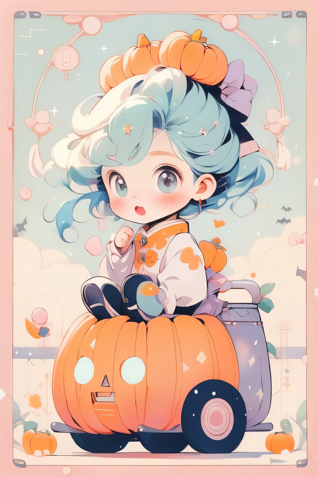 (Pastel colors:1.2)、(Cute illustrations:1.2)、Chibi:1.4，(Mandarin orange robot)，Sparkling，Halloween，Cunning gestures，