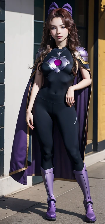 Accurate. Full Body Photo. Studio Background. 8k HD good quality image. Nayeon has an ideal body, big breast, big butt, sexy wavy body, straight long hair, wearing a Purple Iron Man armor without the helmet. Purple Yoga Pants. Purple Iron Man boots. Purple cape. FULL BODY FROM HEAD TO TOE. Standing in a FULL HEIGHT FROM HEAD TO TOE. The picture must show a complete head to toe picture of Nayeon