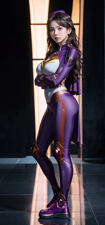 Accurate. Full Body Photo. Studio Background. 8k HD good quality image. Nayeon has an ideal body, big breast, big butt, sexy wavy body, straight long hair, wearing a Purple Iron Man armor without the helmet. Purple Yoga Pants. Purple Iron Man boots. Purple cape. FULL BODY FROM HEAD TO TOE. Standing in a FULL HEIGHT FROM HEAD TO TOE. The picture must show a complete head to toe picture of Nayeon