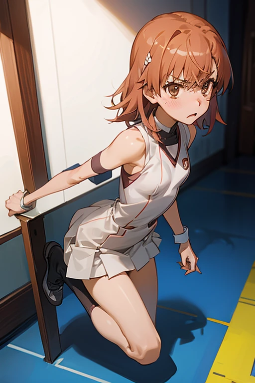 A Female robot is sleeping in the book, spread legs, nude, banzai pose. she wears no dress. She Brown short hair is tied with two big red clothespins, She lifts up the under hem of her white plain dress, leaning over, masterpiece, very short pigtails,brown hair, mature, android, blue eyes, full body figure, Height: 160cm, flushed cheeks, 2020s anime picture, A beautiful robot with short brown hair in two short pigtails held up by two very large huge red clothespins, Uplifting, No NSFW, whole body, barefoot, archaic smile, getting orgasm, 25 years old, sweat bucket.