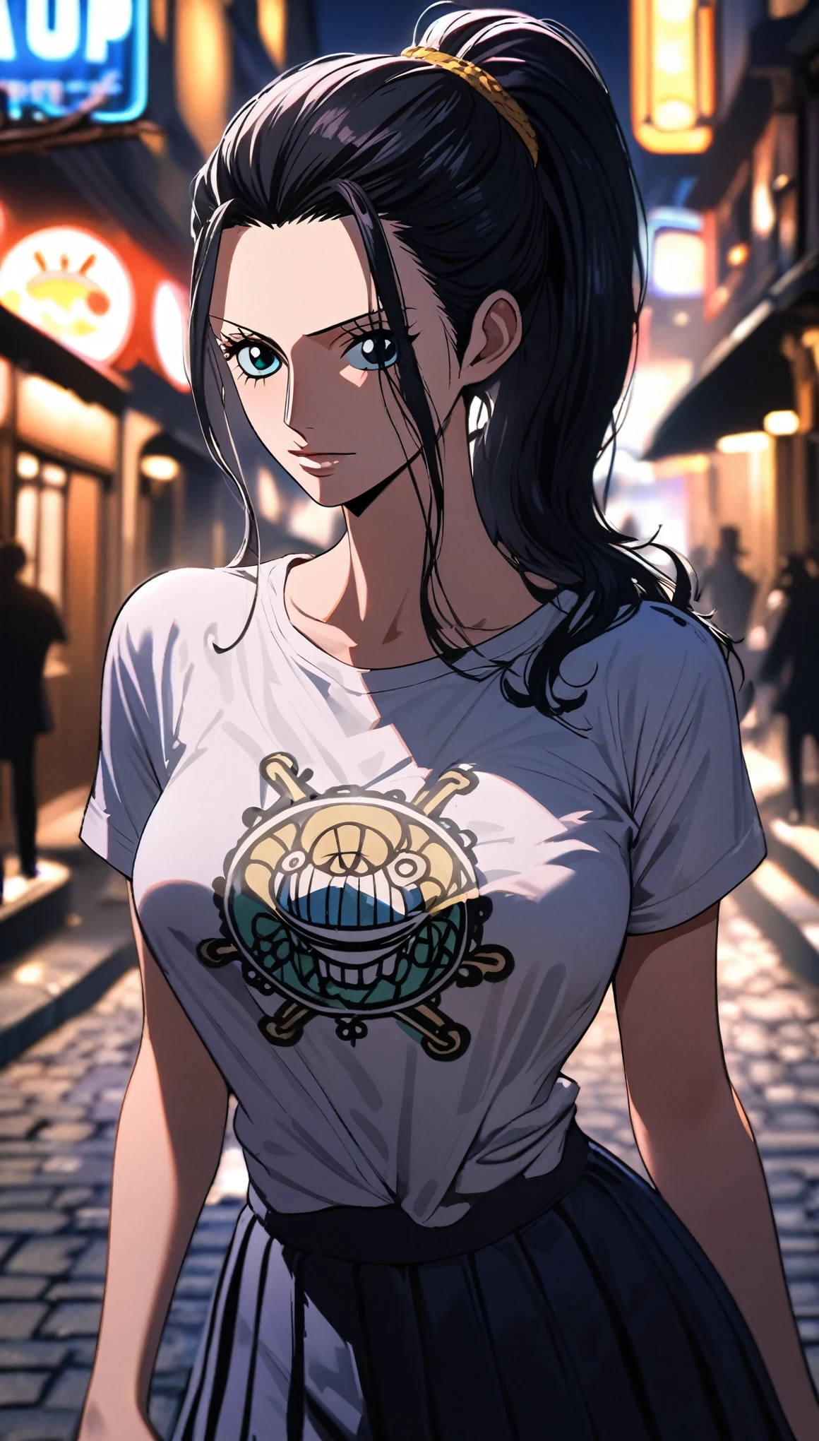 masterpiece, best quality, intricate details, 1 girl, woman, black hair, nico robin \ (one piece\), (ponytail), t-shirt, pleated skirt, female focus, looking at viewer, ((side view)) ((close up shot)) ((solo)) ((hair slicked back)) detailed, very high resolution, no blurry image, cowboy shot, blue eyes, straight hair, ((nico robin from one piece)) ((female nico robin from one piece)), outdoors, street, night