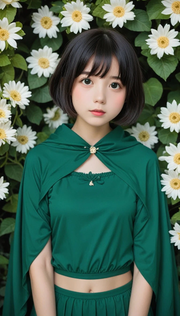 Ivyの貼ったWhite wall、White wall、White wallの前に花束を持った女性が立っている,  very cute 、 teenager, slim、thin、 very cute女の子、  Black Hair 、short hair, Short Bob、Assertive 、Lofi Girl, Ivy, wearing blue-Green clothes, With flowers, Low quality photos, Cape, Green clothes, photo shoot, Smooth input _ background, Lofi Girlのaesthetics, 🤤 Portrait of a Girl, beautiful!!, Long Wear ,  Relaxed clothing ,   relaxed attitude  , aesthetics