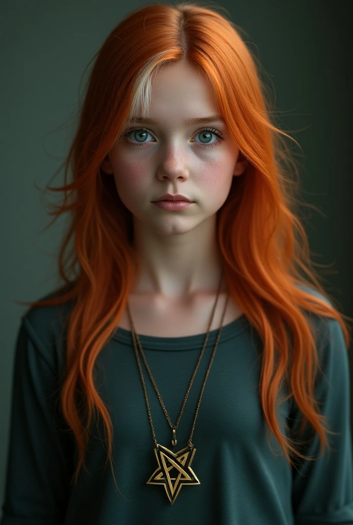 A young girl of approximately , with an approximate height of 1.67cm, long light orange hair, with Azel-colored eyes, face a little long, nose not very defined but pretty, hair with bangs, light pink lips and eyeliner like a cat eye, medium wavy hair, normal eyebrows, and that it is thin but not too much. that it is a realistic image, dressed in black, preferably in a y2k dark or crunge style