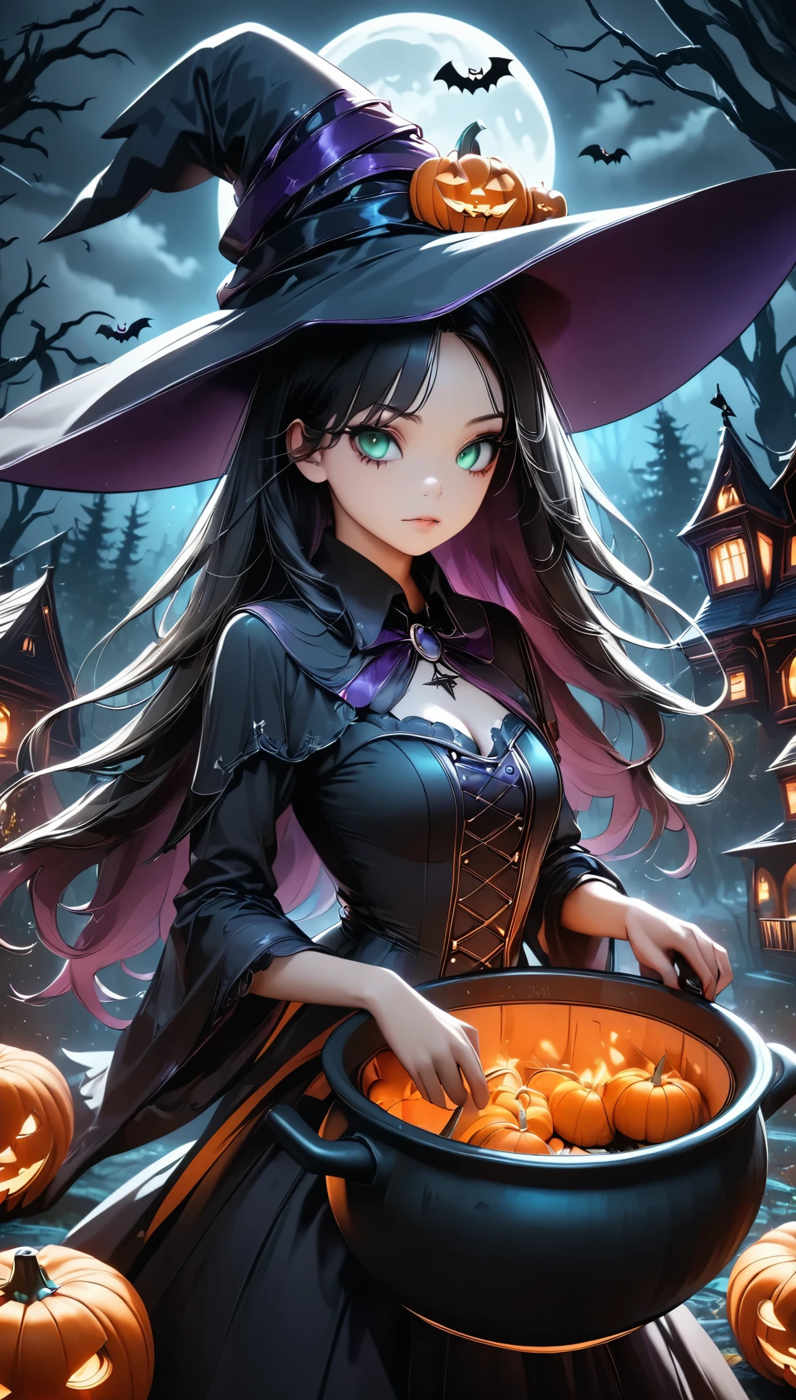 Halloween Witch, Long black hair, Sharp Eye, Detailed face, Witch Hat, Cauldron, Pumpkin, Haunted House, full moon, Bats, Spooky Forest,  dark color, dramaticな照明, (Best Quality:1.2,  very detailed,  super high definition,  high contrast , masterpiece:1.2, Best aesthetics),  dark fantasy, Halloween, dramatic, dark moody color