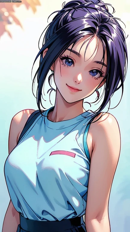 (8K、Raw photography、top-quality、masterpiece)、high definition RAW color photos professional close-up photos、(realisitic、photorealisim:1.37)、(top-quality)、(Best Shadows)、(The best illustrations)、Tifa、realisticlying、1 girl、Purple eyes、radiant eyes、croptop、skirt by the、Parted lips、red blush、natta、florals、suns、sunlights、Top image quality、8K、tanktop, armpits, nipples, nsfw:1.5