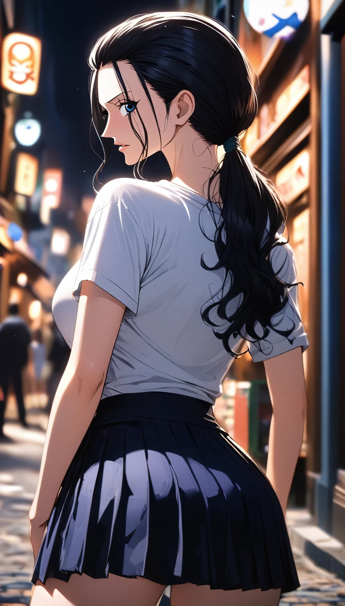 masterpiece, best quality, intricate details, 1 girl, woman, black hair, nico robin \ (one piece\), (low ponytail), t-shirt, pleated skirt, female focus, looking at viewer, ((side view)) ((close up shot)) ((solo)) ((hair slicked back)) detailed, very high resolution, no blurry image, cowboy shot, blue eyes, straight hair, ((nico robin from one piece)) ((female nico robin from one piece)), outdoors, street, night