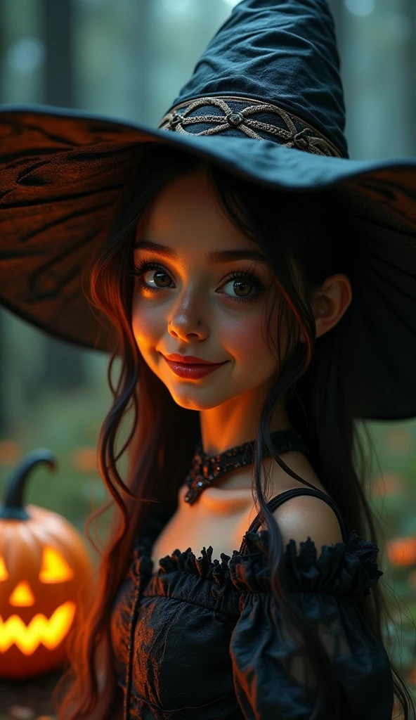 ( best quality、masterpiece、 High Resolution )、(((Ultra-realism、Realistic photos、RAW Photos)))、Jack-o-lanterns and women、One Girl、solo、 teenager、super cute girl、Cute face、One Girl、Witch Cosplay、smile:0.2、