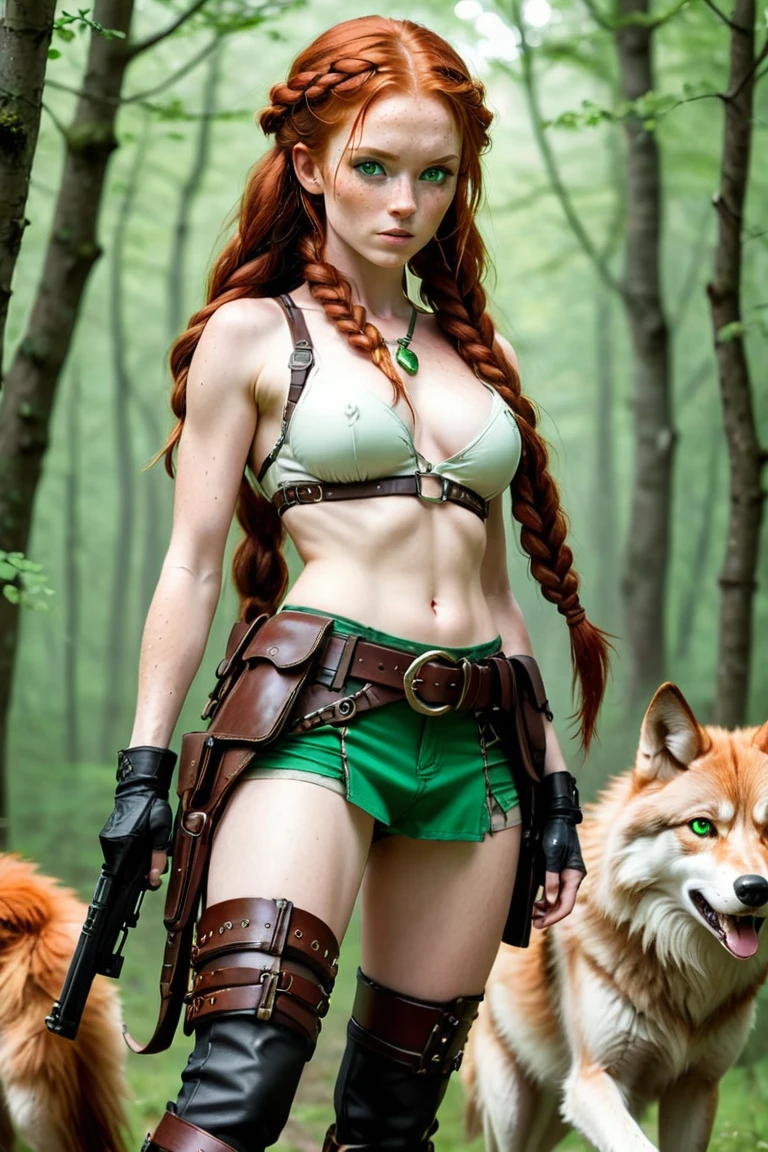 Penny pax redhead long hair braids ponytail glasses blushing dark eyes mascara eyeshadow collar topless jewellery chains leather straps green cloth skirt stocking gypsy medieval wet forest storm headband bangles elf ears dagger cloak bow and quiver confident aura tattoo