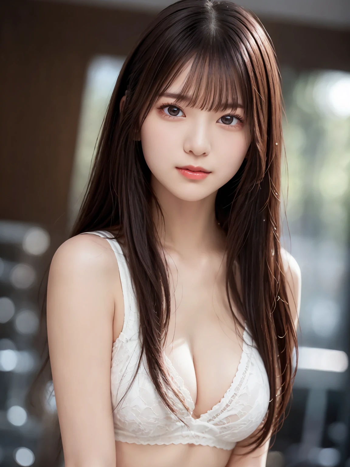 Black Shirt、Complex and beautiful eyes, woman, (stand up : 2.0)、Womanly black hair、(Delicate and realistic hair、1 bottle１Realistic hair)、bangs, Natural Color Lip、(Smile : 1.1)、(White indoor : 1.4)、((18歳woman:1.******ung and adorable Japanese face, Official Art, Highly detailed CG Unity 8k wallpaper，（masterpiece:1.0),(Best Quality:1.0), 超High resolution,4K,Very detailed, photo shoot, 8k, nsfw, High resolution, Kodak Portrait 400, Film Grain, Lens flare glow, 高いest quality, 8k ,Portrait Shot, 8k、Show Viewer,  (Front View : 1.5), ((Facing))、Body facing forward, Bold cleavage, Firm breasts, Small face, Highest quality, Super beautiful images, yellow race, (upper body : 2.0), (Medium firm breasts : 1.1)