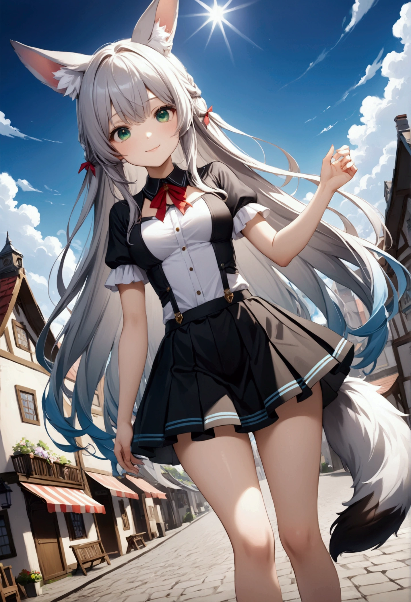 1 girl 、cute、green eyes, Gray Hair, Long Hair,  like fur ,Animal ears,Tail,  Mini Pleated Skirt  , masterpiece、Noise Reduction、 Perfect Anatomy、 High Resolution 、Super detailed、Game CG、 Dutch angle、  beautiful details 、Visual Arts、Perfect hands、Bright lighting、smile、town、Daytime、  fantasy 、Outdoor、blue sky、 White Clouds 、 standing、