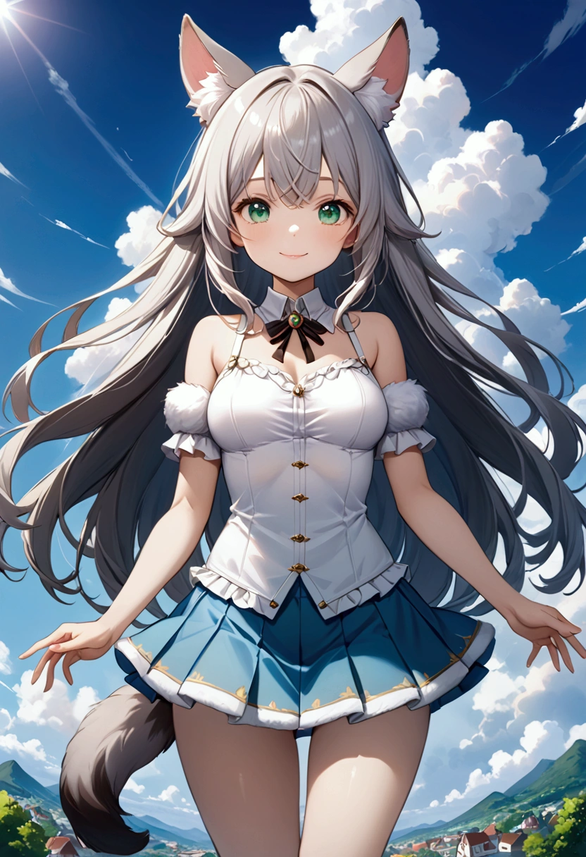 1 girl 、cute、green eyes, Gray Hair, Long Hair,  like fur ,Animal ears,Tail,  Mini Pleated Skirt  , masterpiece、Noise Reduction、 Perfect Anatomy、 High Resolution 、Super detailed、Game CG、 Dutch angle、  beautiful details 、Visual Arts、Perfect hands、Bright lighting、smile、town、Daytime、  fantasy 、Outdoor、blue sky、 White Clouds 、 standing、