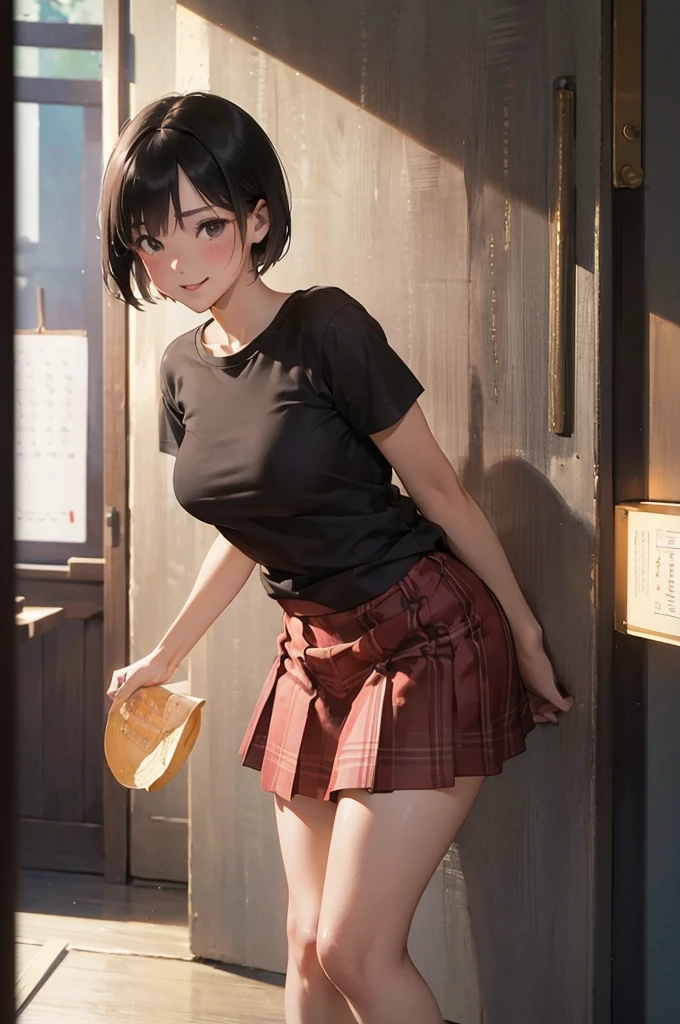 ((NSFW:1.1))、((Extremely big breasts))、1 female、(( black t-shirt 、red check micro miniskirt、White high heels))、((red check micro miniskirt))、((Very short black hair、Short Hair、Short Bob))、((smile))、A sweet face、((Waiting for a kiss))、sexy、photograph、((Very beautiful Japanese female models))、背景はnoon間の街、((最high quality))、 ((photograph))、 (detailed)、(リアルなphotograph、最high quality、detailed)、(8k wallpaper)、( Cinematic Lighting 、Beautiful light、(noon:1.3)) ( Sharp Focus 、complicated)、(( standing facing the viewer))、((True Face))、Bright sunlight、From below、((masterpiece))、((最high quality))、 ((超detailed))、 (Illustration)、 (( Extremely delicate and beautiful ))、 masterpiece、high quality、detailedな顔を描く、Blurred Background、4K、目の中の超complicatedな瞳孔、Slender、( super delicate and beautiful skin )、 Perfect Anatomy、(masterpiece、最high quality)、(超detailedな8K)、( perfect design )、 High Resolution 、((blush))、 (Super Illustrated )、masterpiece、最high quality、 High Resolution 、masterpiece、最high quality、極めてdetailed、(( 1 girl))