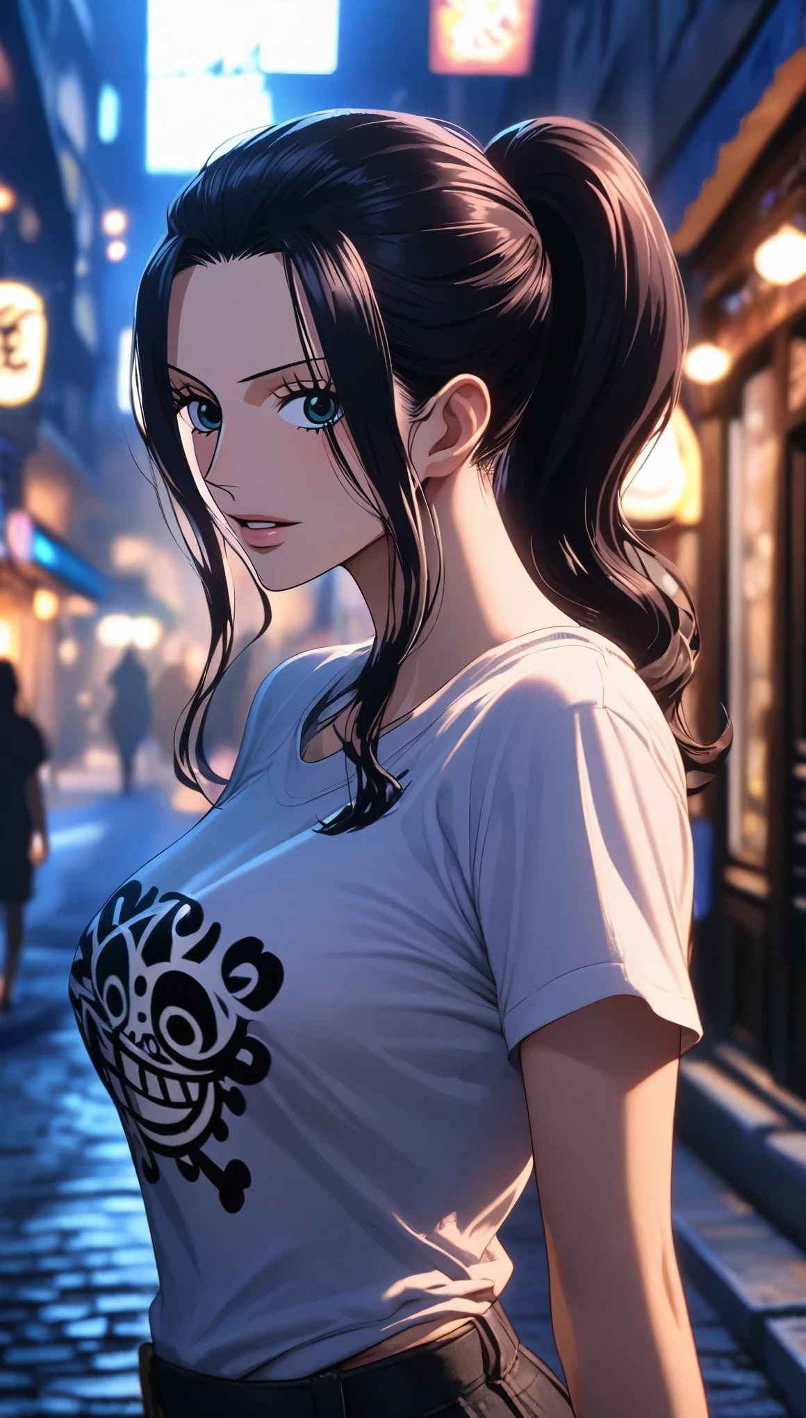 masterpiece, best quality, intricate details, 1 girl, woman, black hair, nico robin \ (one piece\), (ponytail), baseball cap, t-shirt, pleated skirt, female focus, looking at viewer, ((side view)) ((close up shot)) ((solo)) ((hair slicked back)) detailed, very high resolution, no blurry image, cowboy shot, blue eyes, straight hair, ((nico robin from one piece)) ((female nico robin from one piece)), outdoors, street, night