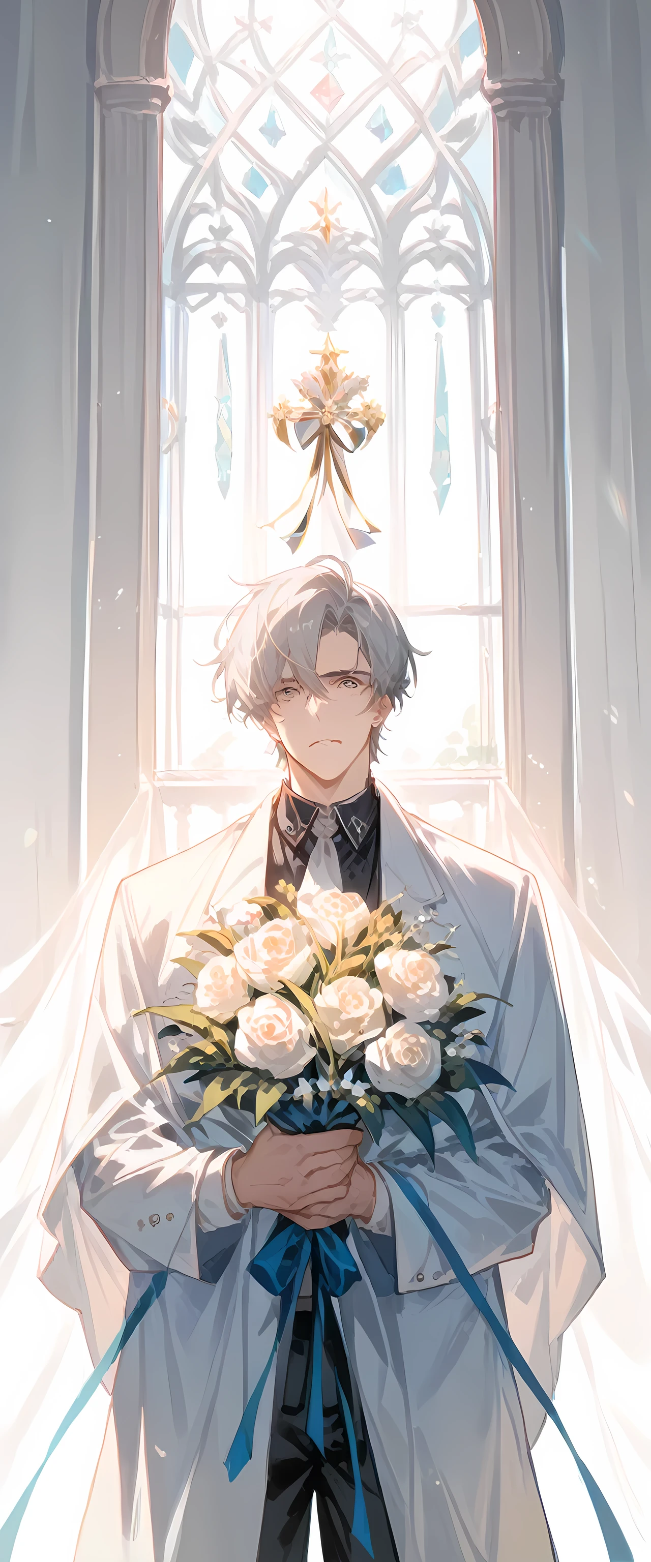 (High-definition masterpiece,  super high definition, high detail, High Resolution Model,  best quality:1.2)gray-haired man　A bouquet of congratulations