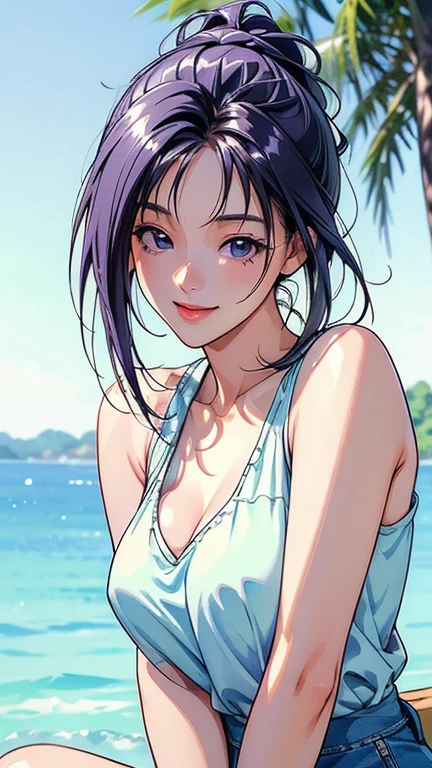 (mature female:1.4), short hair, pony tail, multiple hair clip, black hair color, black bikini, pink shawl flower motive, seductive smile, shy, freckles, blush face, blue sky, seashore, arms behind head, hair over one eye, dynamic lighting, high contrast, two tone lighting