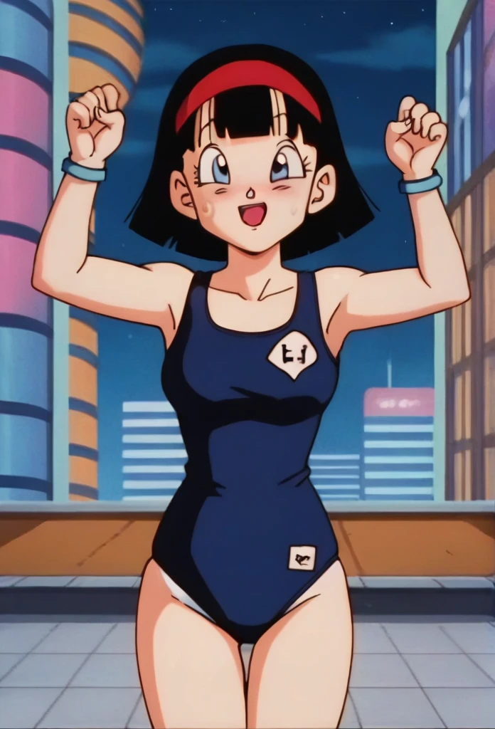 source_anime, score_9, score_8_up, score_7_up, anime screencap,
videl, dragon ball super, 1girl, solo, looking at viewer, blush, smile, short hair, bob cut,  blue eyes, city, black hair, cityscape, arms up, School Swimsuit, spiked hair, ;\), teeth, night sky, eyelashes, collarbone, Panties, sweatdrop, sweat, excited
