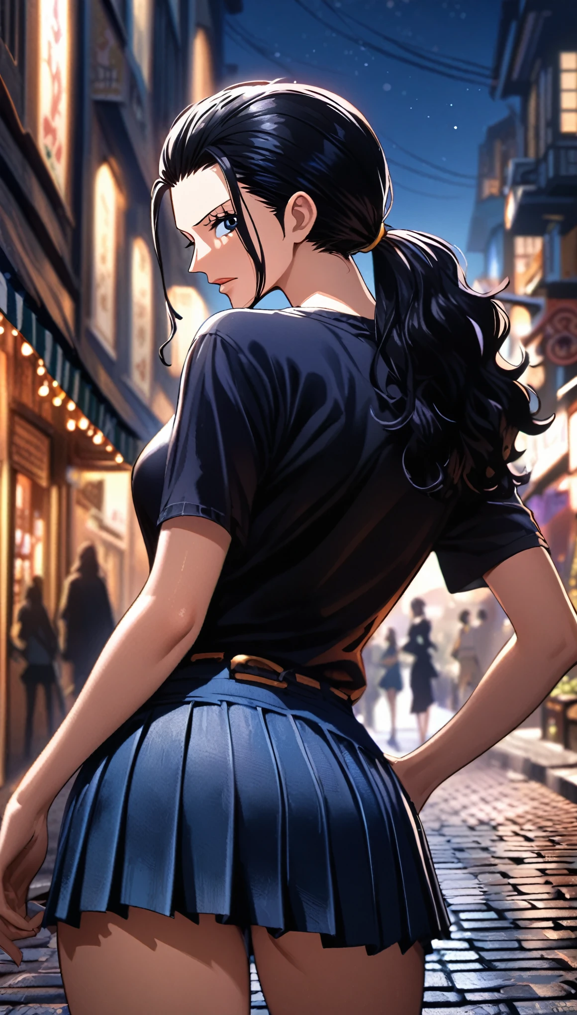 masterpiece, best quality, intricate details, 1 girl, woman, black hair, nico robin \ (one piece\), (low ponytail), t-shirt, pleated skirt, female focus, looking at viewer, ((side view)) ((close up shot)) ((solo)) ((hair slicked back)) detailed, very high resolution, no blurry image, cowboy shot, blue eyes, straight hair, ((nico robin from one piece)) ((female nico robin from one piece)), outdoors, street, night