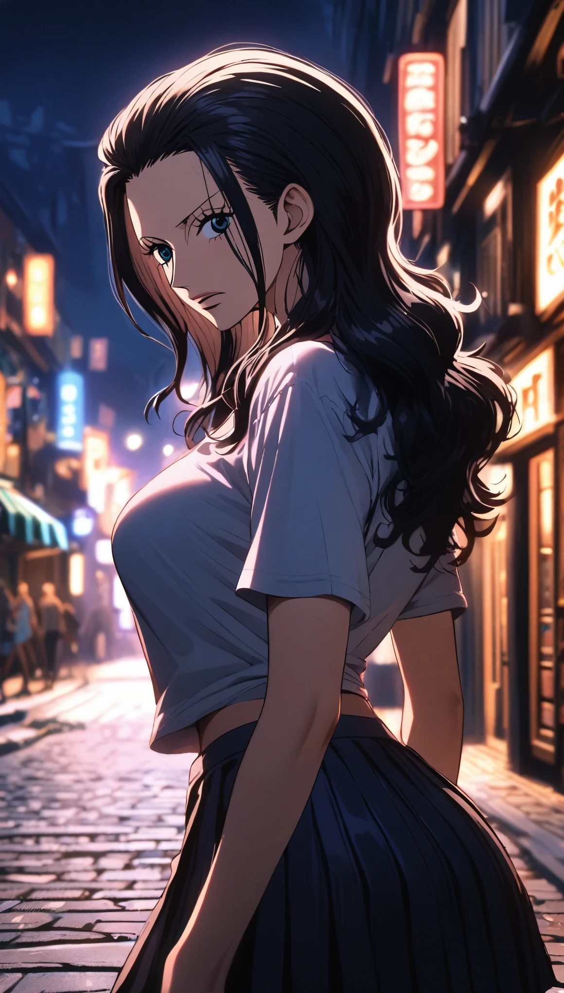 masterpiece, best quality, intricate details, 1 girl, woman, black hair, nico robin \ (one piece\), (low twintail), t-shirt, pleated skirt, female focus, looking at viewer, ((side view)) ((close up shot)) ((solo)) ((hair slicked back)) detailed, very high resolution, no blurry image, cowboy shot, blue eyes, straight hair, ((nico robin from one piece)) ((female nico robin from one piece)), outdoors, street, night