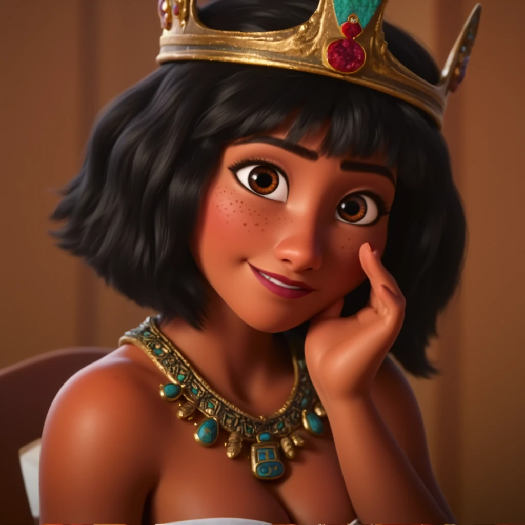 Woman, young, beautiful , cute , Egyptian , Dark-skinned , Ancient Egyptian dress , crown , jewellery , amber eyes , freckles, Disney, 3D Animation , sitting on the throne, happiness , fingers on chin