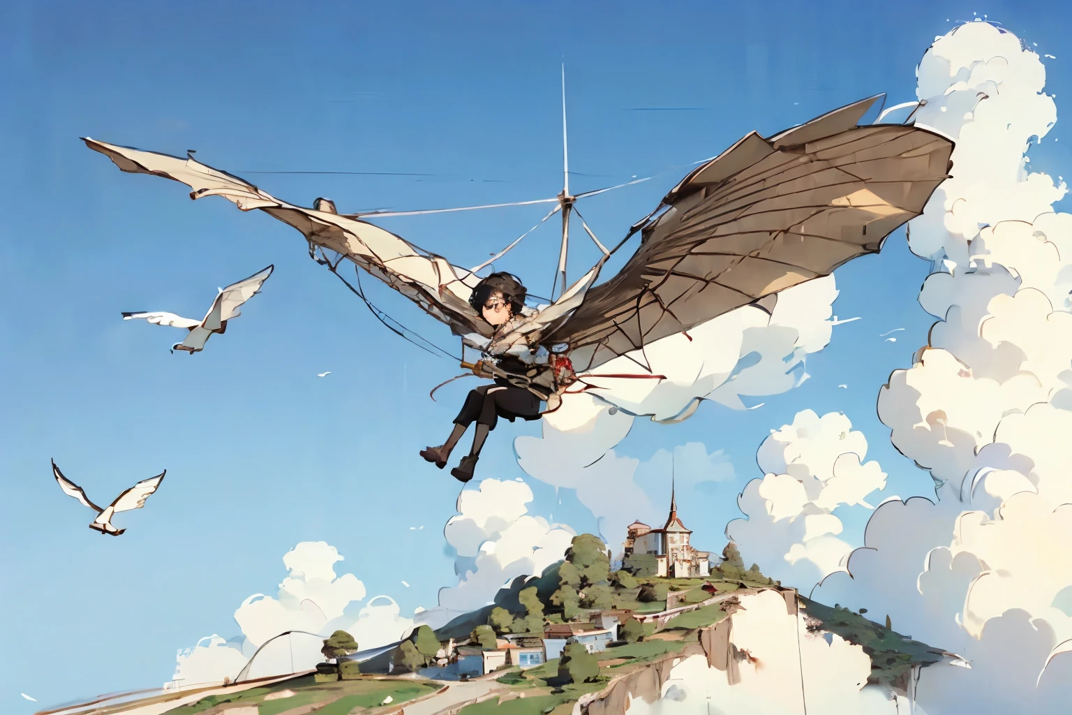  beautiful girl with high breasts、 fly in the sky on a glider in the shape of a bird's wing、Take off from a cliff 、Alone、 short cut hair、(goggles)、boots、 blue sky and white clouds 、 see a rural cityscape below 、Best Quality、  High Resolution  、masterpiece、wallpaper、8k、